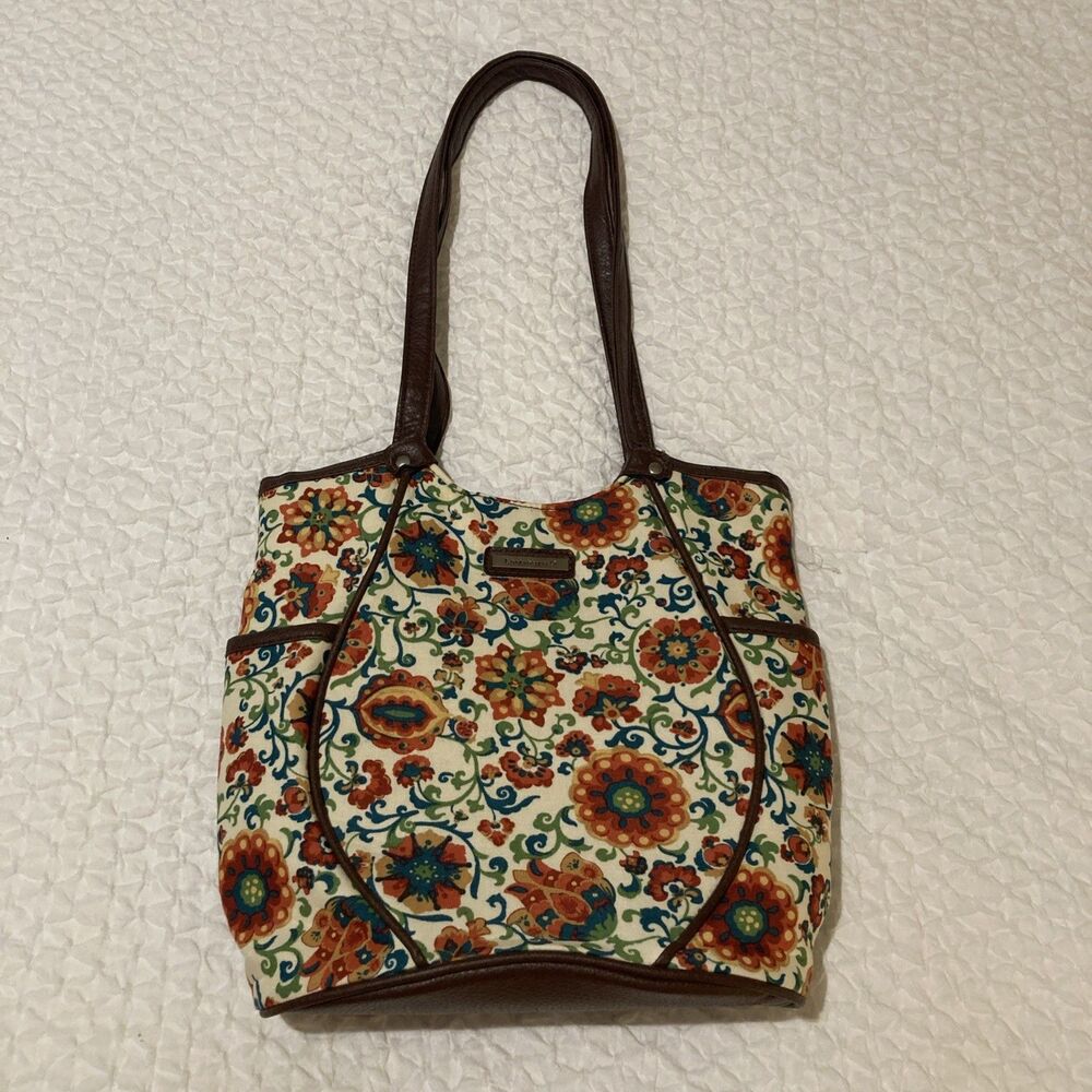 vintage longaberger homestead handbag floral pockets brown leather straps, trim